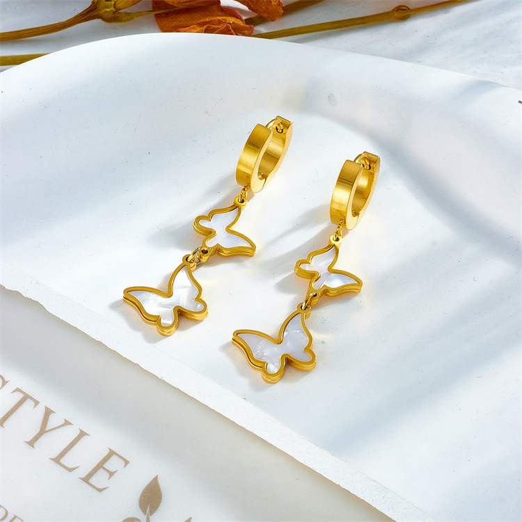 White Shell Butterfly Hoop Earrings
